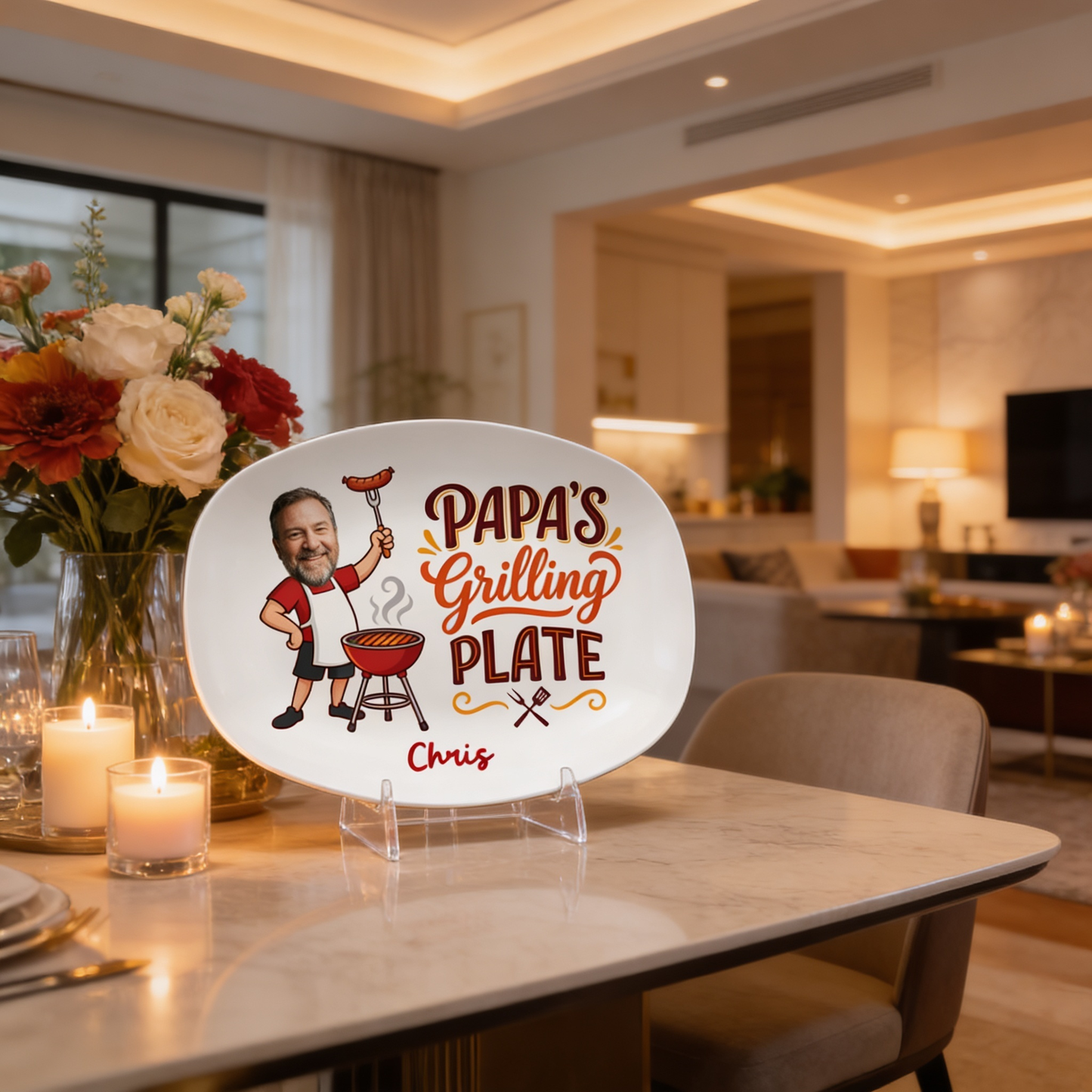 Personalized Papa’s Grilling Plate – Custom Photo & Name BBQ Decoration