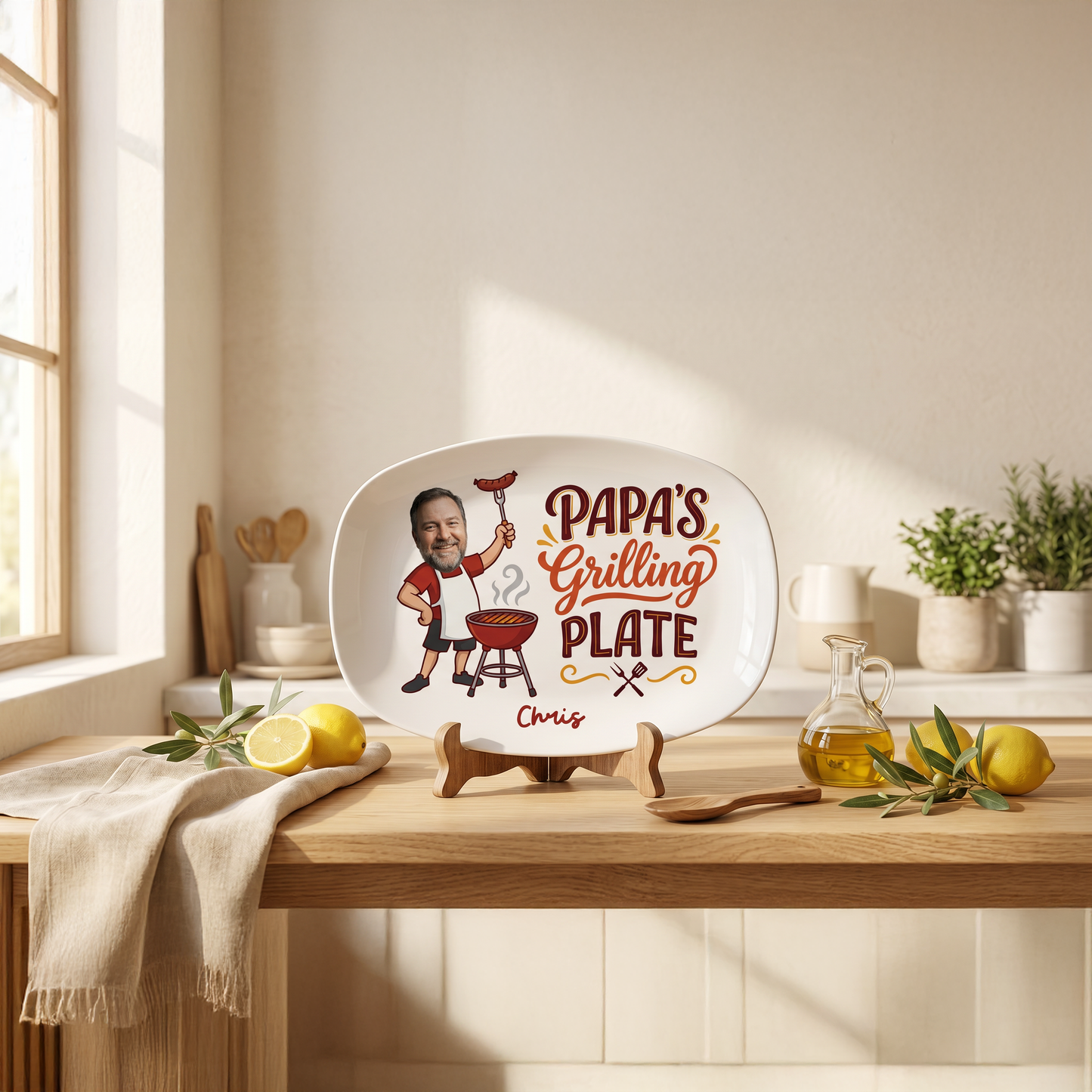 Personalized Papa’s Grilling Plate – Custom Photo & Name BBQ Decoration