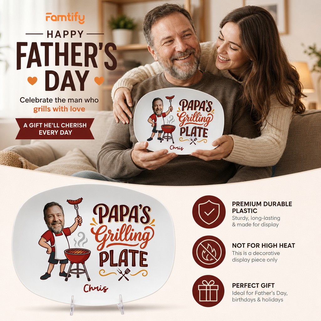 Personalized Papa’s Grilling Plate – Custom Photo & Name BBQ Decoration