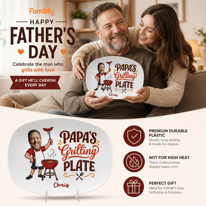 Personalized Papa’s Grilling Plate – Custom Photo & Name BBQ Decoration