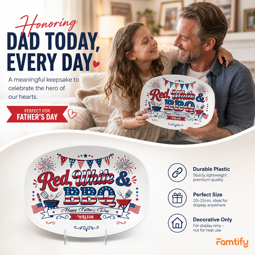 Personalized “Red, White & BBQ” Decorative Plate – Patriotic BBQ Keepsake