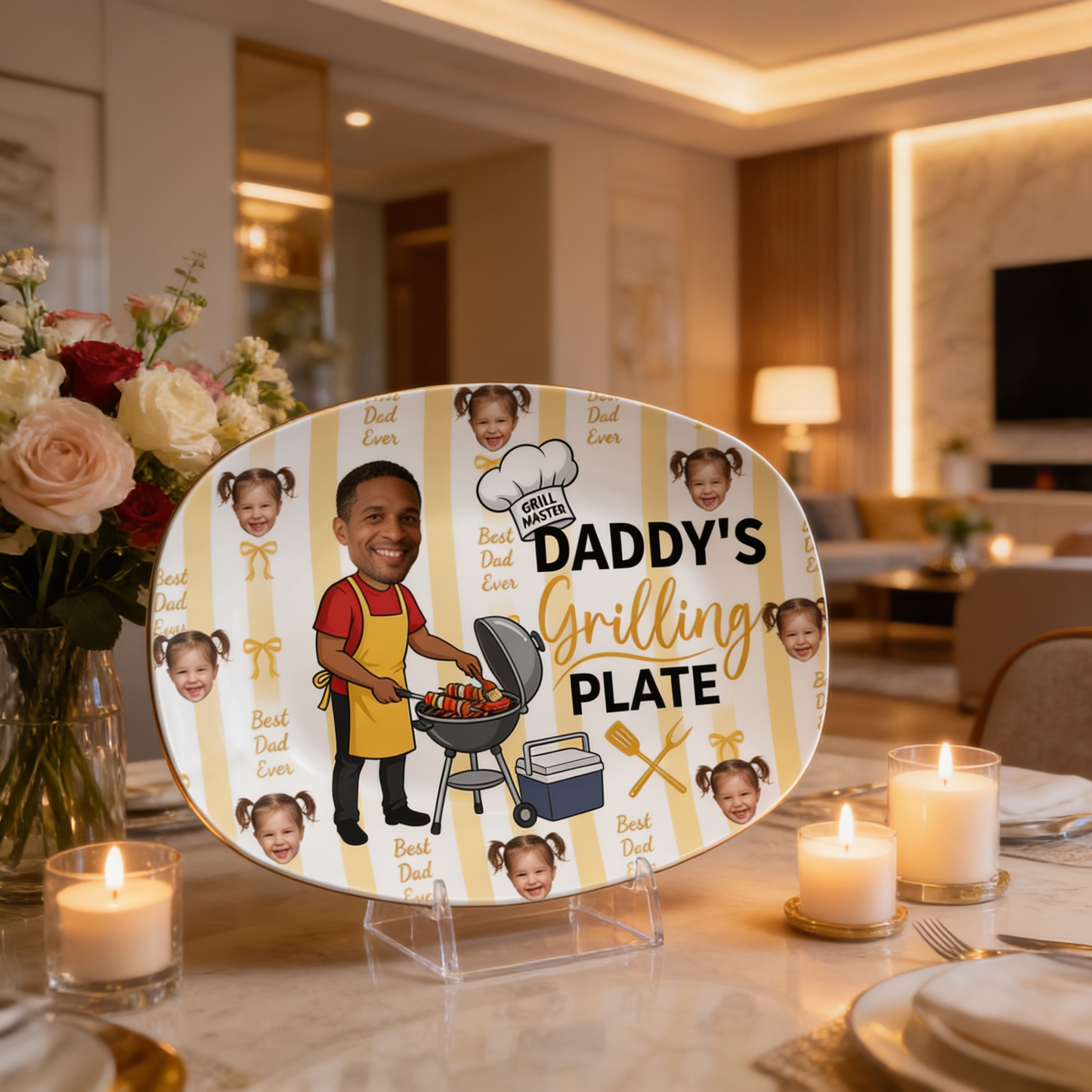 Personalized “Best Dad Ever” Daddy’s Grilling Plate – BBQ Decorative Keepsake