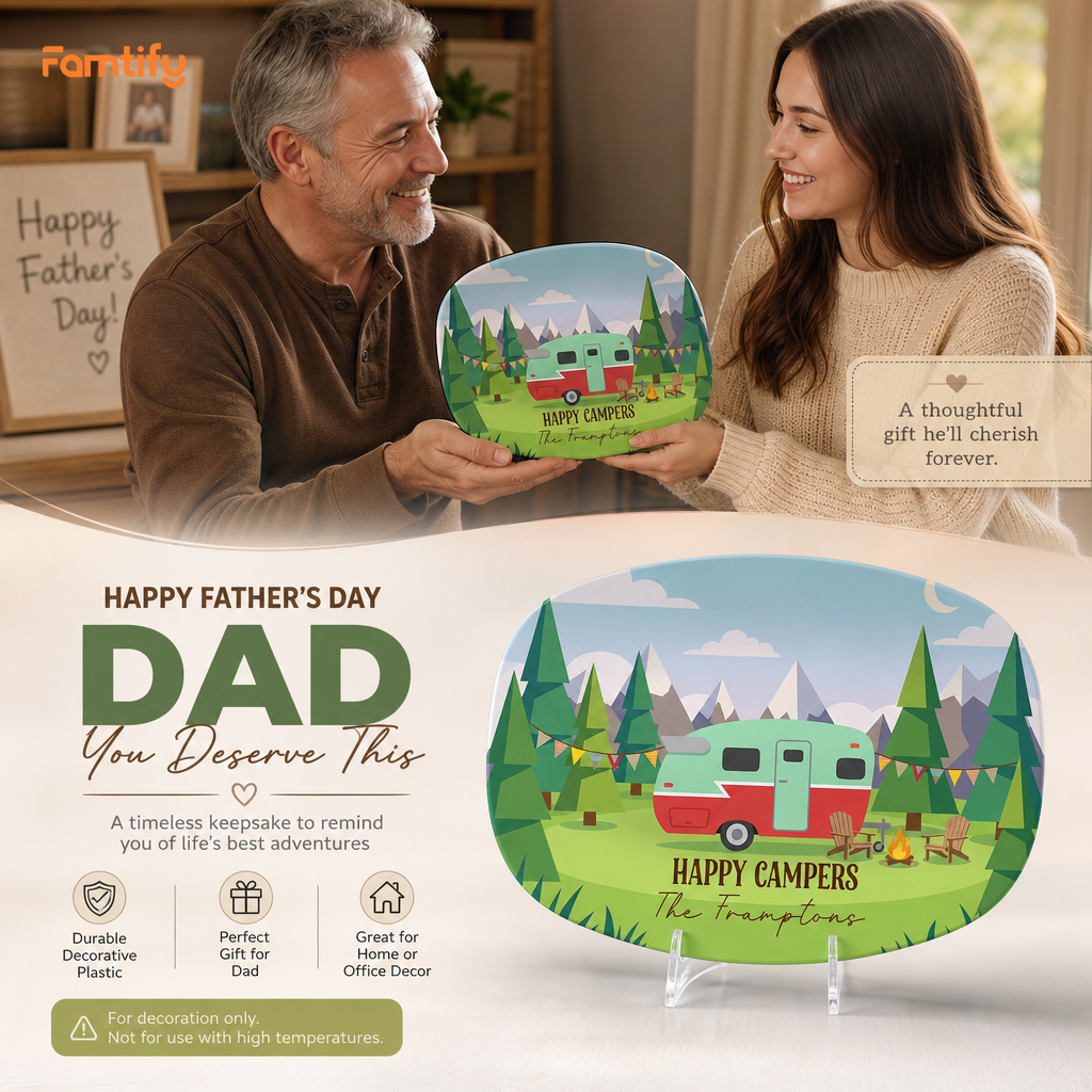 Personalized “Happy Camper” Decorative Plate – Custom Camping Family Keepsake