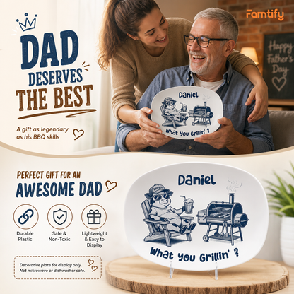 Personalized “What You Grillin’?” Decorative Plate – Funny BBQ Keepsake for Dad