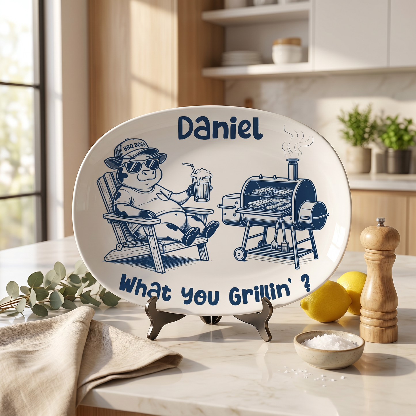 Personalized “What You Grillin’?” Decorative Plate – Funny BBQ Keepsake for Dad