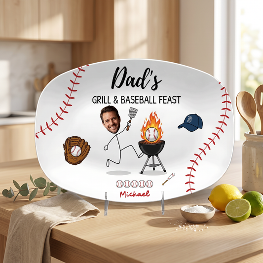 Personalized Dad’s Grill & Baseball Feast Decorative Plate – Custom Photo Keepsake