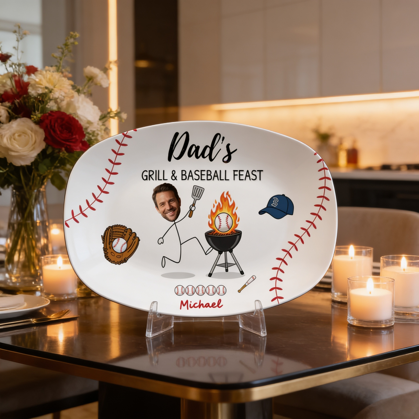 Personalized Dad’s Grill & Baseball Feast Decorative Plate – Custom Photo Keepsake