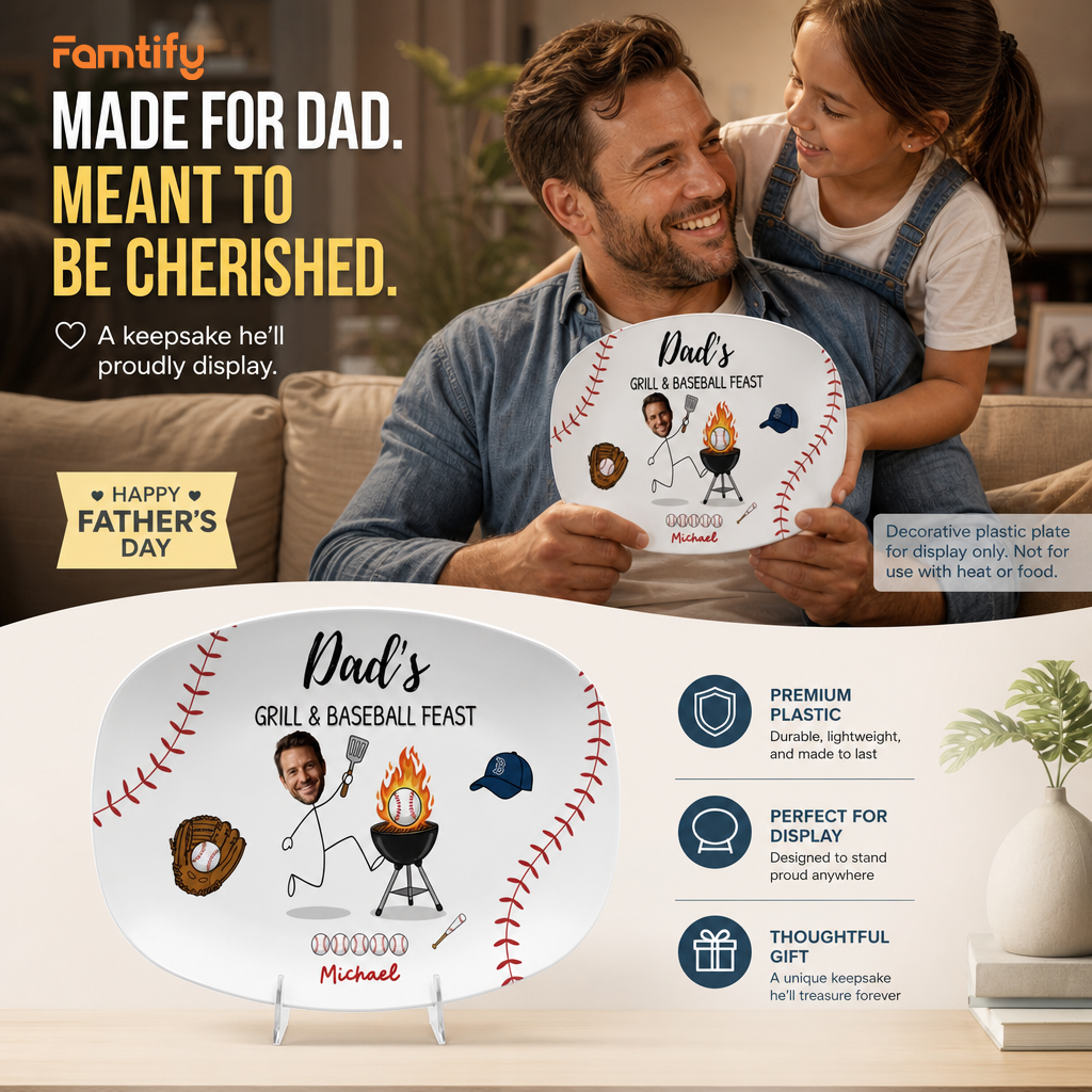 Personalized Dad’s Grill & Baseball Feast Decorative Plate – Custom Photo Keepsake