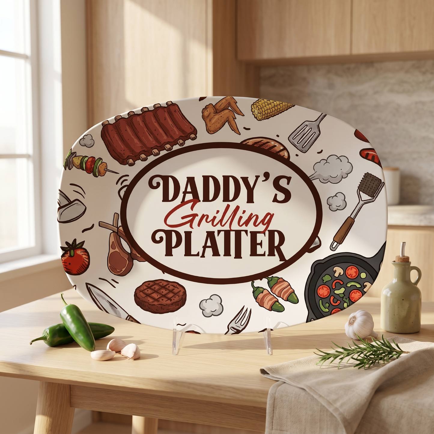 Personalized Daddy’s Grilling Platter – Custom Name BBQ Decorative Keepsake