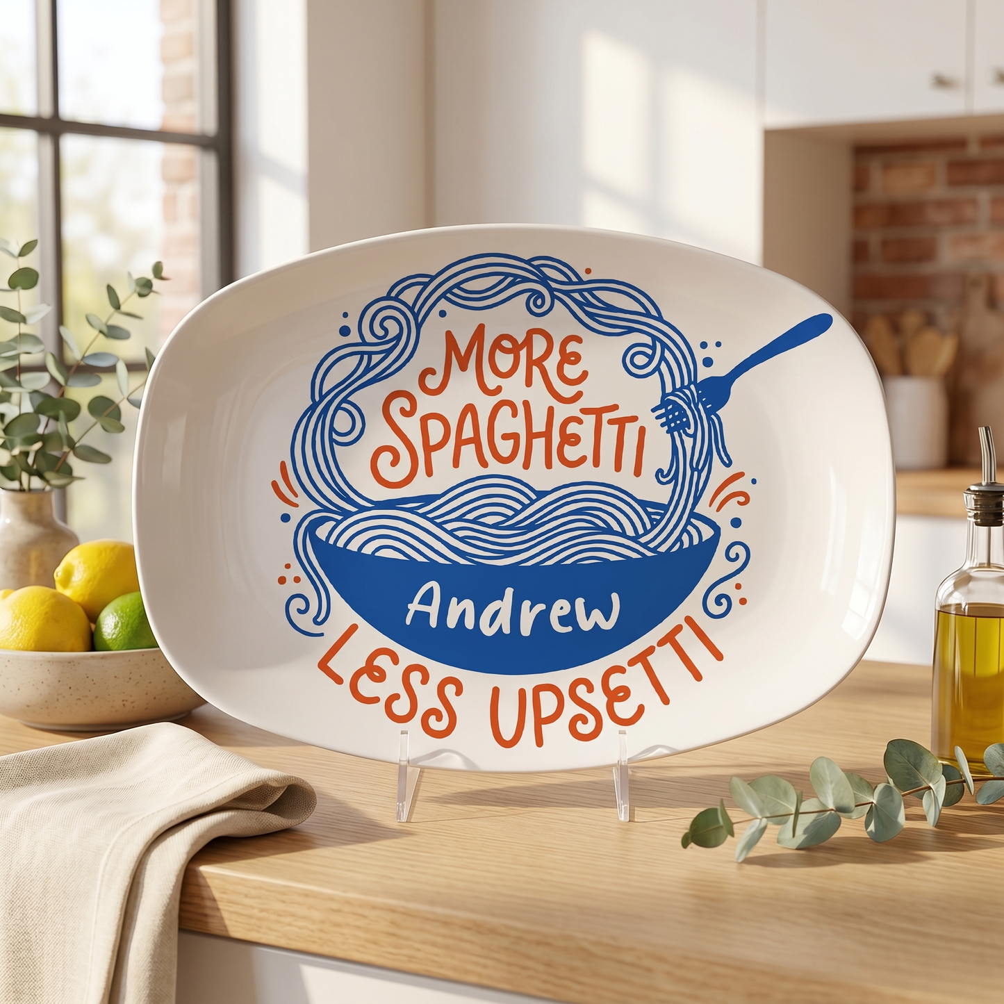 Personalized “More Spaghetti Less Upsetti” Decorative Plate – Custom Family Kitchen Keepsake