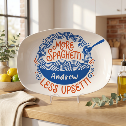 Personalized “More Spaghetti Less Upsetti” Decorative Plate – Custom Family Kitchen Keepsake