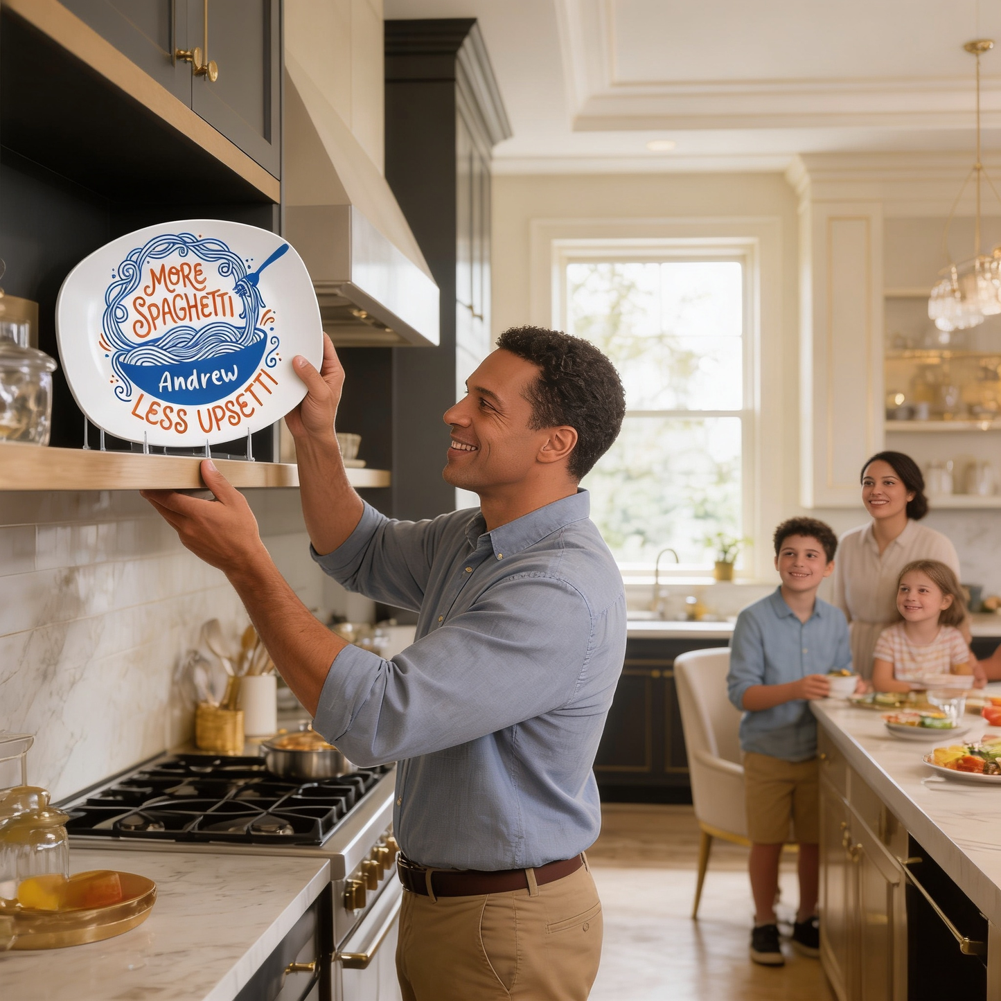 Personalized “More Spaghetti Less Upsetti” Decorative Plate – Custom Family Kitchen Keepsake