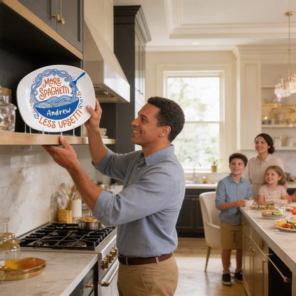 Personalized “More Spaghetti Less Upsetti” Decorative Plate – Custom Family Kitchen Keepsake