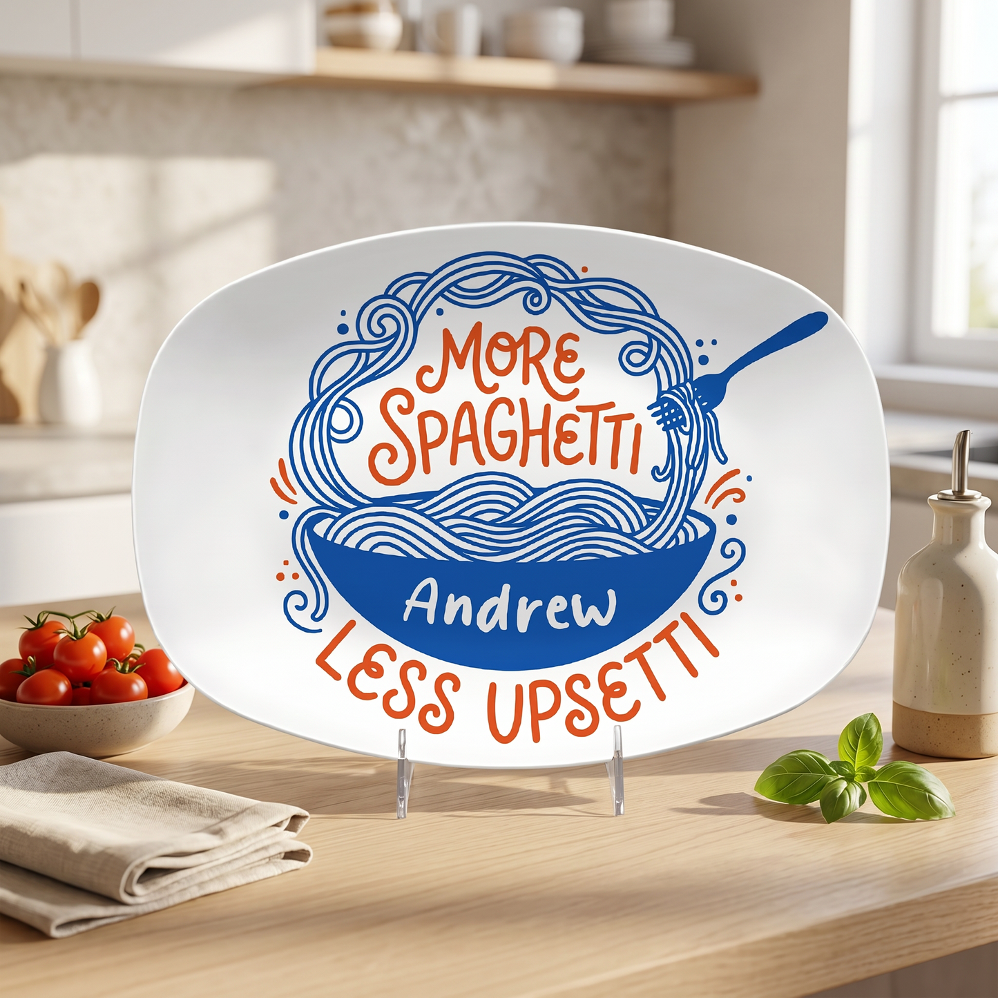 Personalized “More Spaghetti Less Upsetti” Decorative Plate – Custom Family Kitchen Keepsake