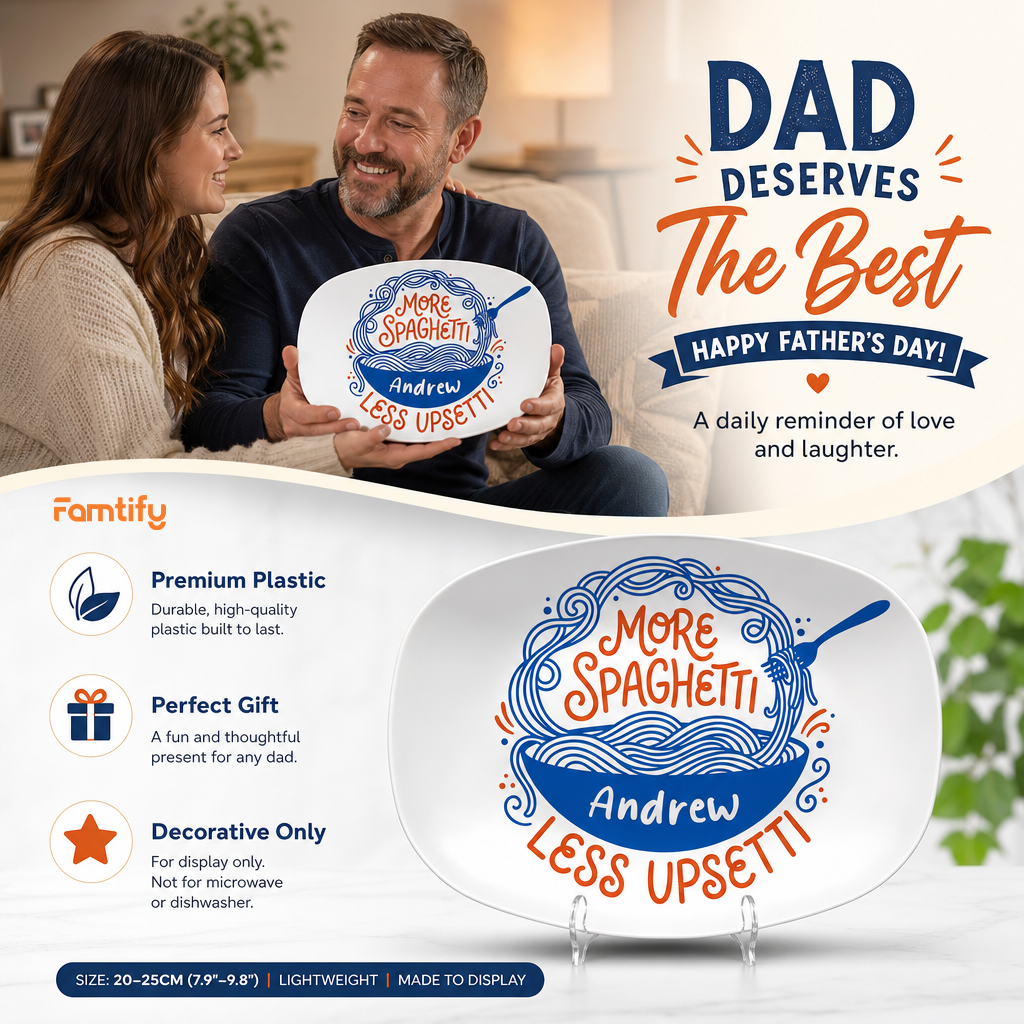 Personalized “More Spaghetti Less Upsetti” Decorative Plate – Custom Family Kitchen Keepsake