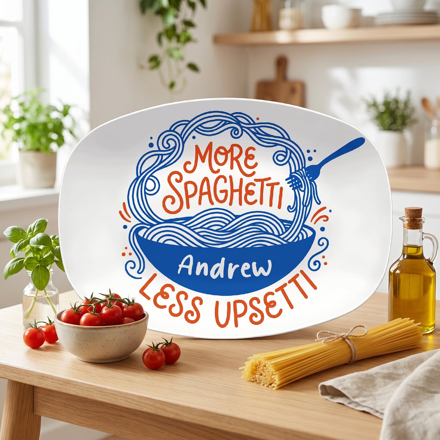 Personalized “More Spaghetti Less Upsetti” Decorative Plate – Custom Family Kitchen Keepsake