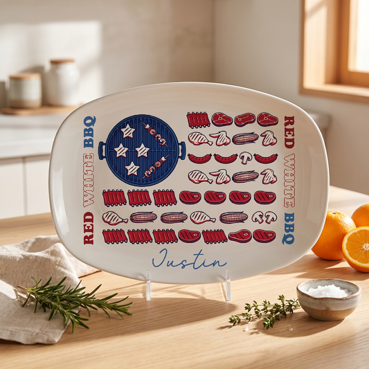 Personalized Red, White & BBQ Decorative Plate – Custom Name Patriotic BBQ Keepsake