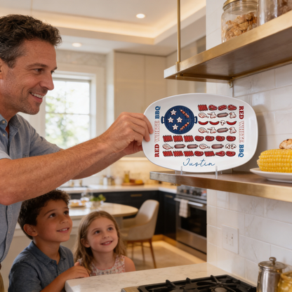 Personalized Red, White & BBQ Decorative Plate – Custom Name Patriotic BBQ Keepsake