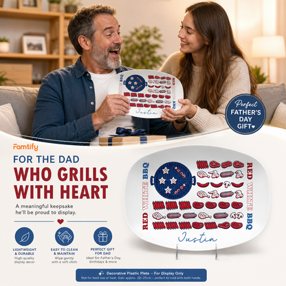 Personalized Red, White & BBQ Decorative Plate – Custom Name Patriotic BBQ Keepsake
