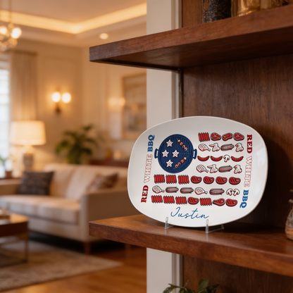 Personalized Red, White & BBQ Decorative Plate – Custom Name Patriotic BBQ Keepsake