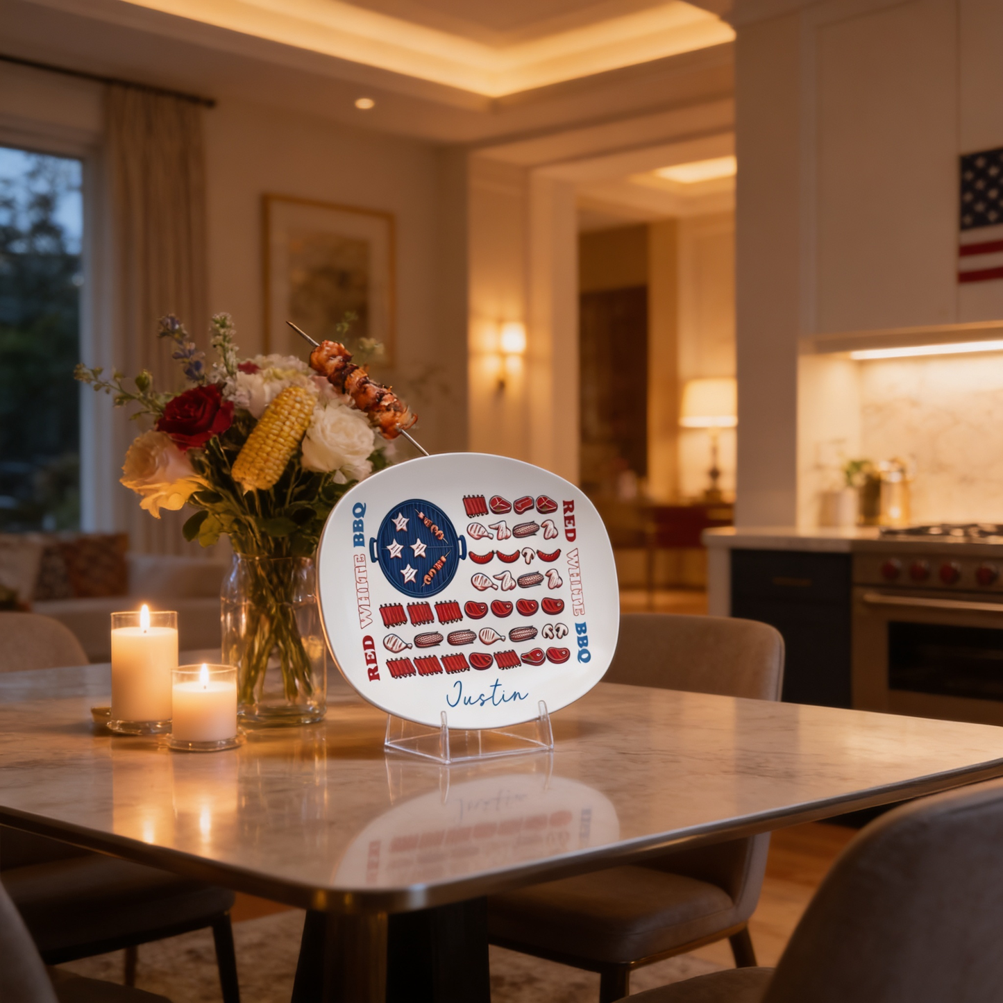 Personalized Red, White & BBQ Decorative Plate – Custom Name Patriotic BBQ Keepsake