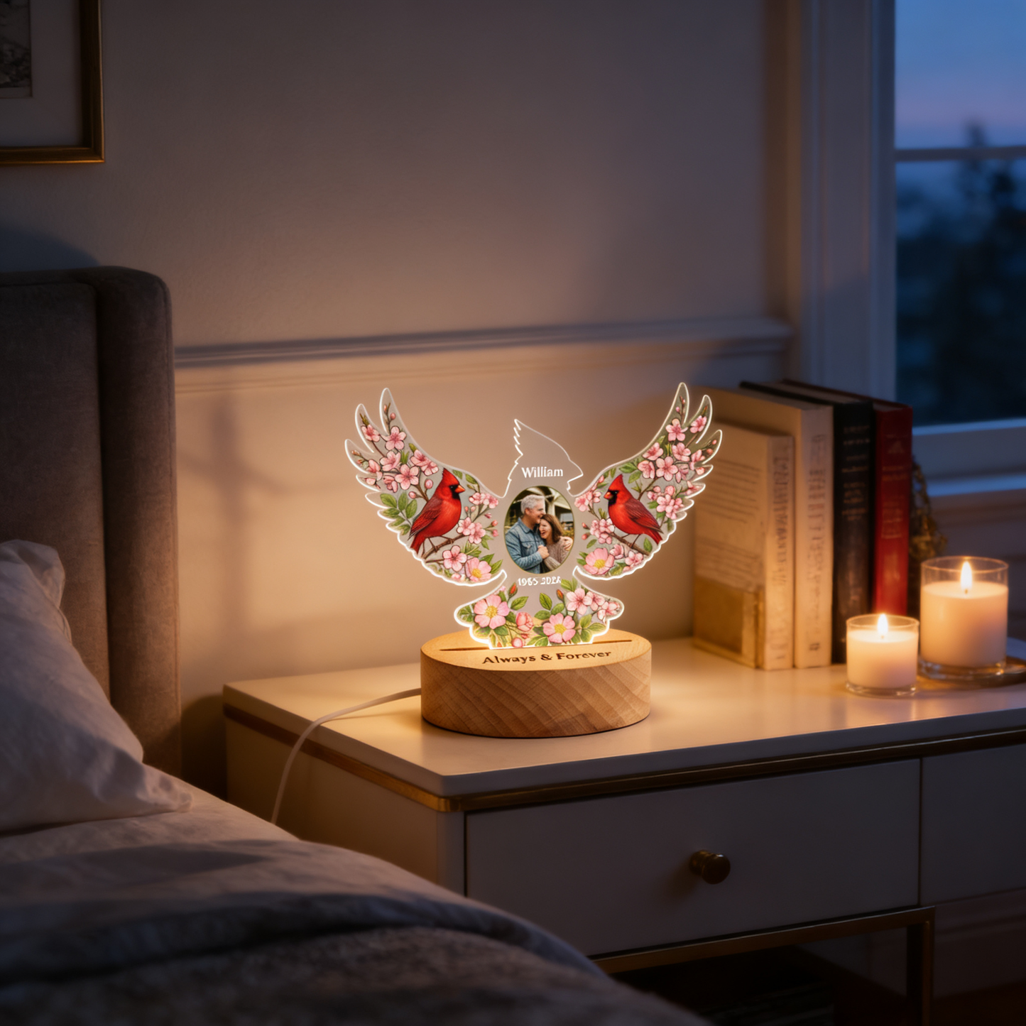 Personalized Cardinal Memorial Photo Night Light – Custom Name & Photo Acrylic LED Lamp