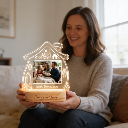Personalized Our Happy Home Photo Night Light – Custom Family Photo LED Acrylic Lamp