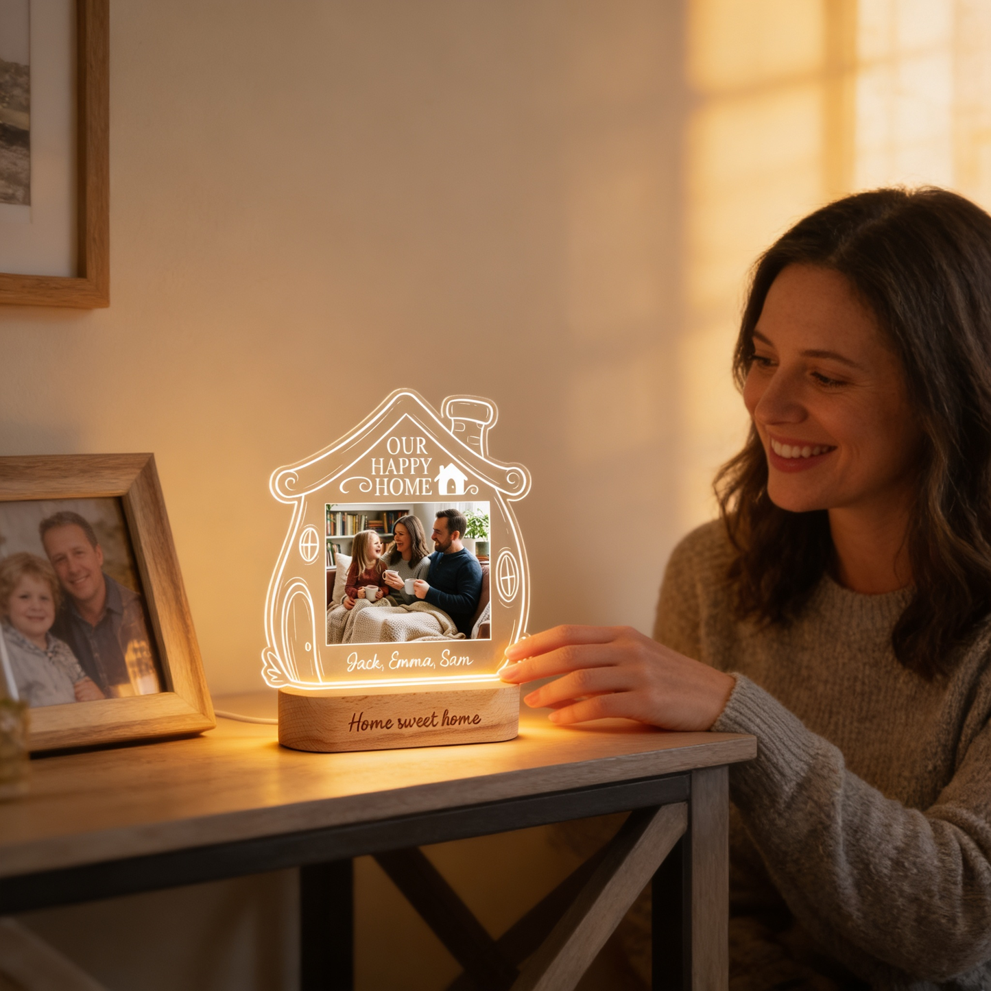 Personalized Our Happy Home Photo Night Light – Custom Family Photo LED Acrylic Lamp
