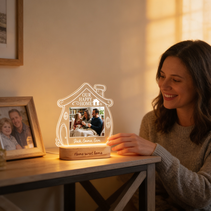 Personalized Our Happy Home Photo Night Light – Custom Family Photo LED Acrylic Lamp