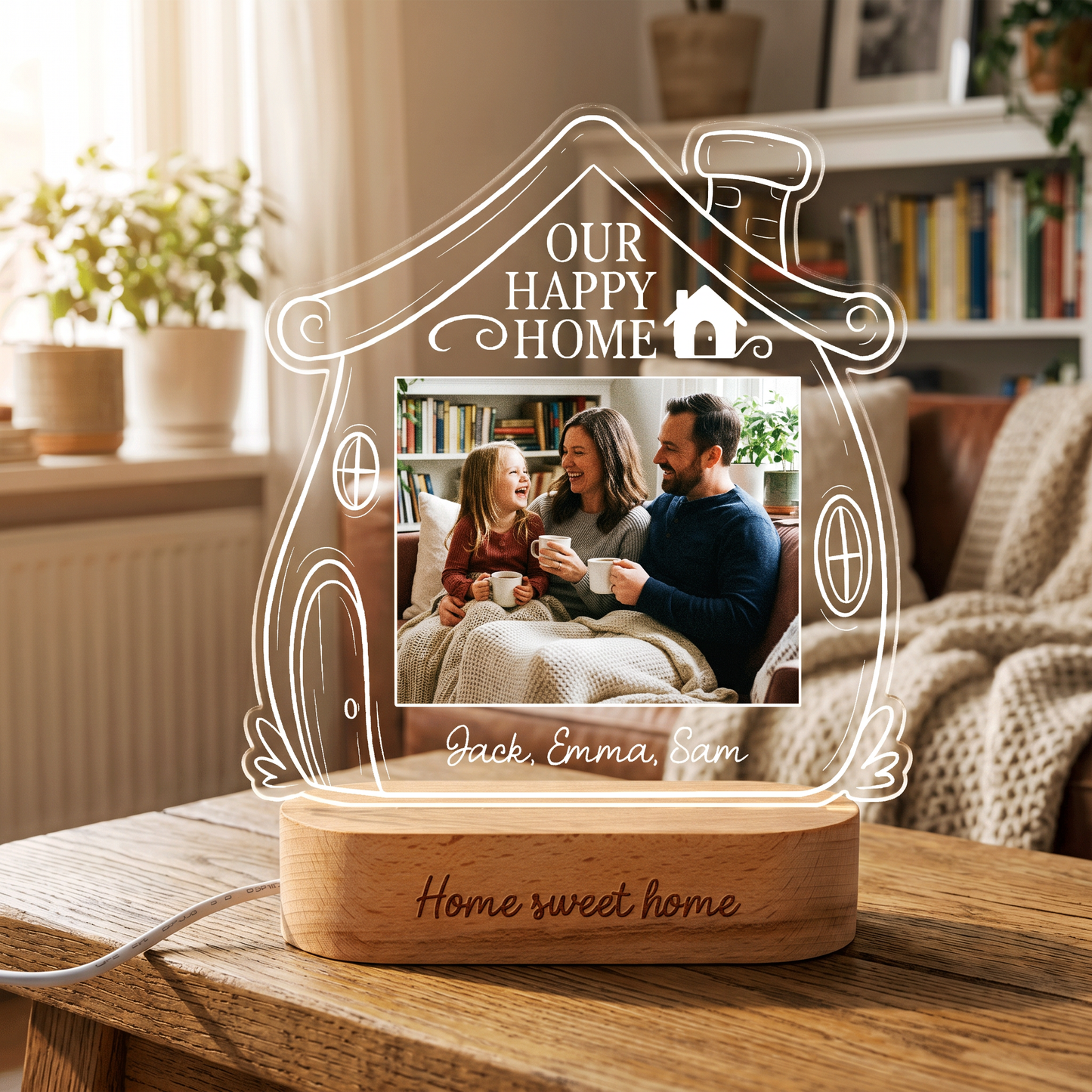 Personalized Our Happy Home Photo Night Light – Custom Family Photo LED Acrylic Lamp