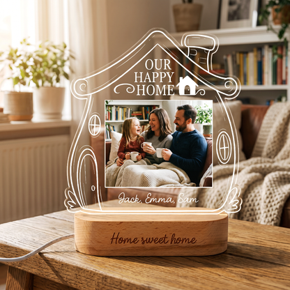 Personalized Our Happy Home Photo Night Light – Custom Family Photo LED Acrylic Lamp
