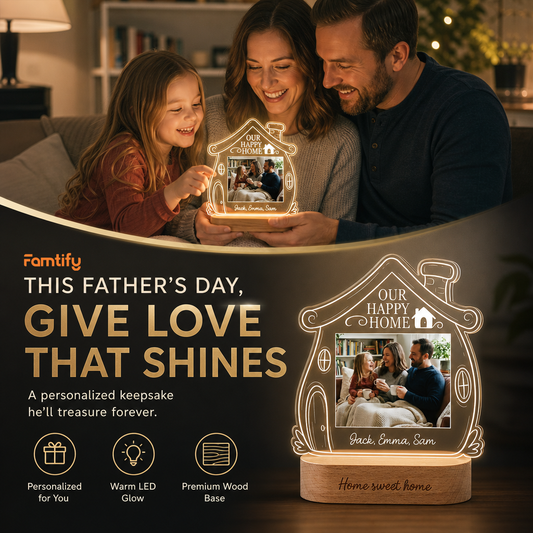 Personalized Our Happy Home Photo Night Light - Custom Family Photo LED Acrylic Lamp