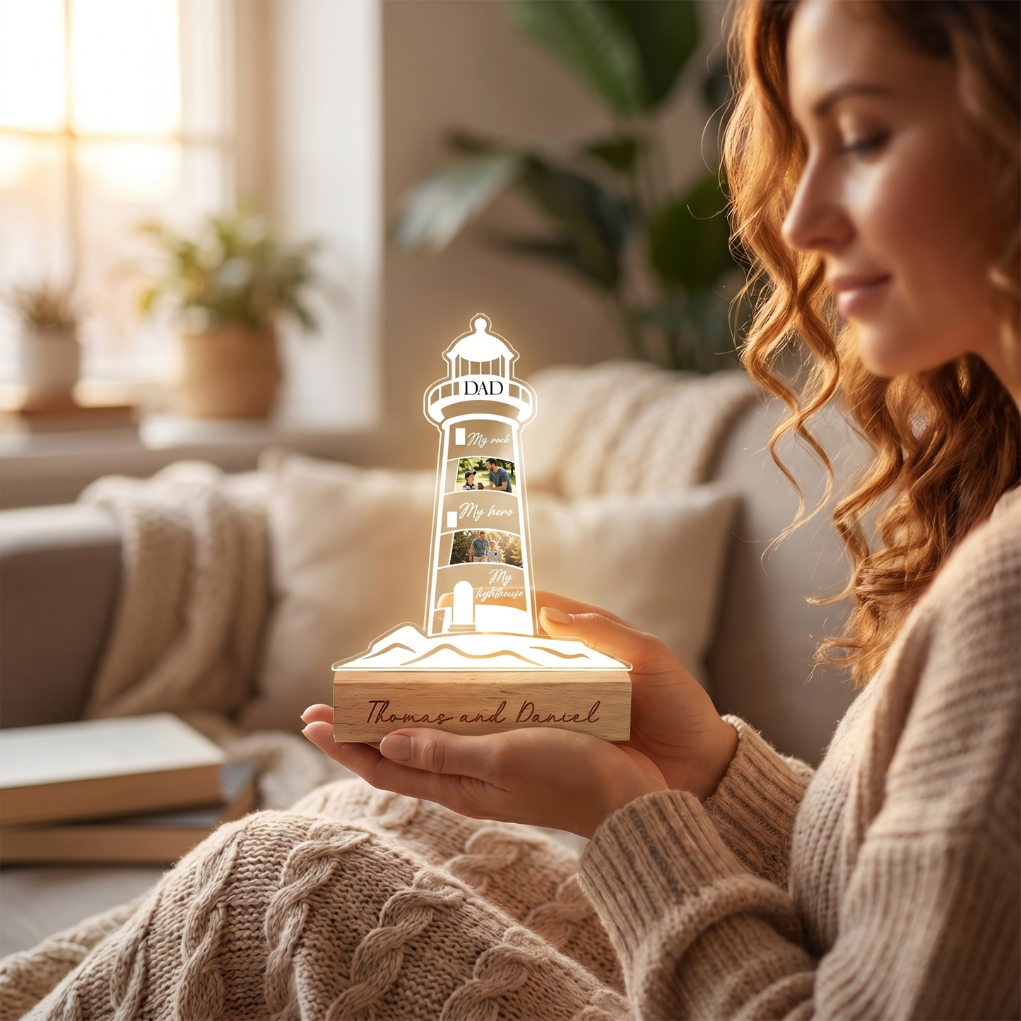 Personalized My Rock My Hero My Lighthouse Night Light – Custom Photo Lighthouse LED Acrylic Lamp