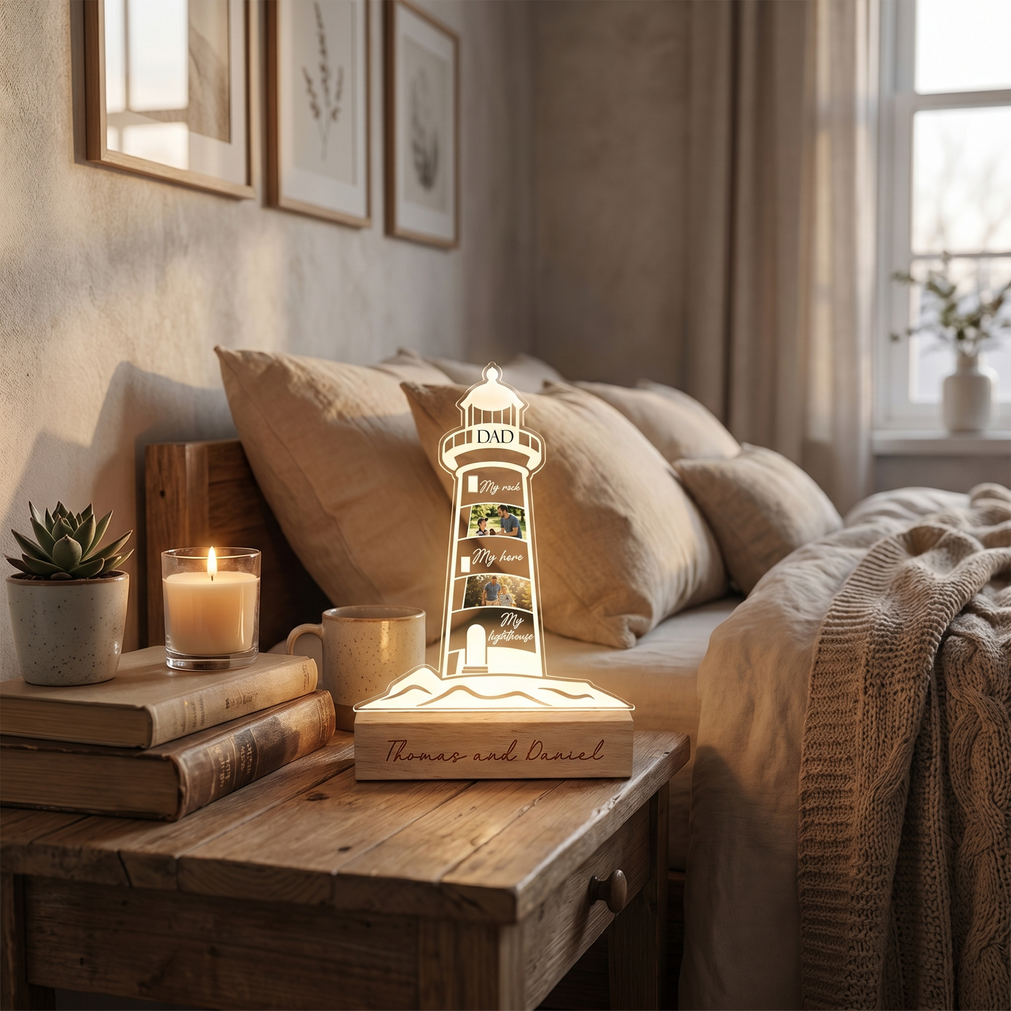 Personalized My Rock My Hero My Lighthouse Night Light – Custom Photo Lighthouse LED Acrylic Lamp