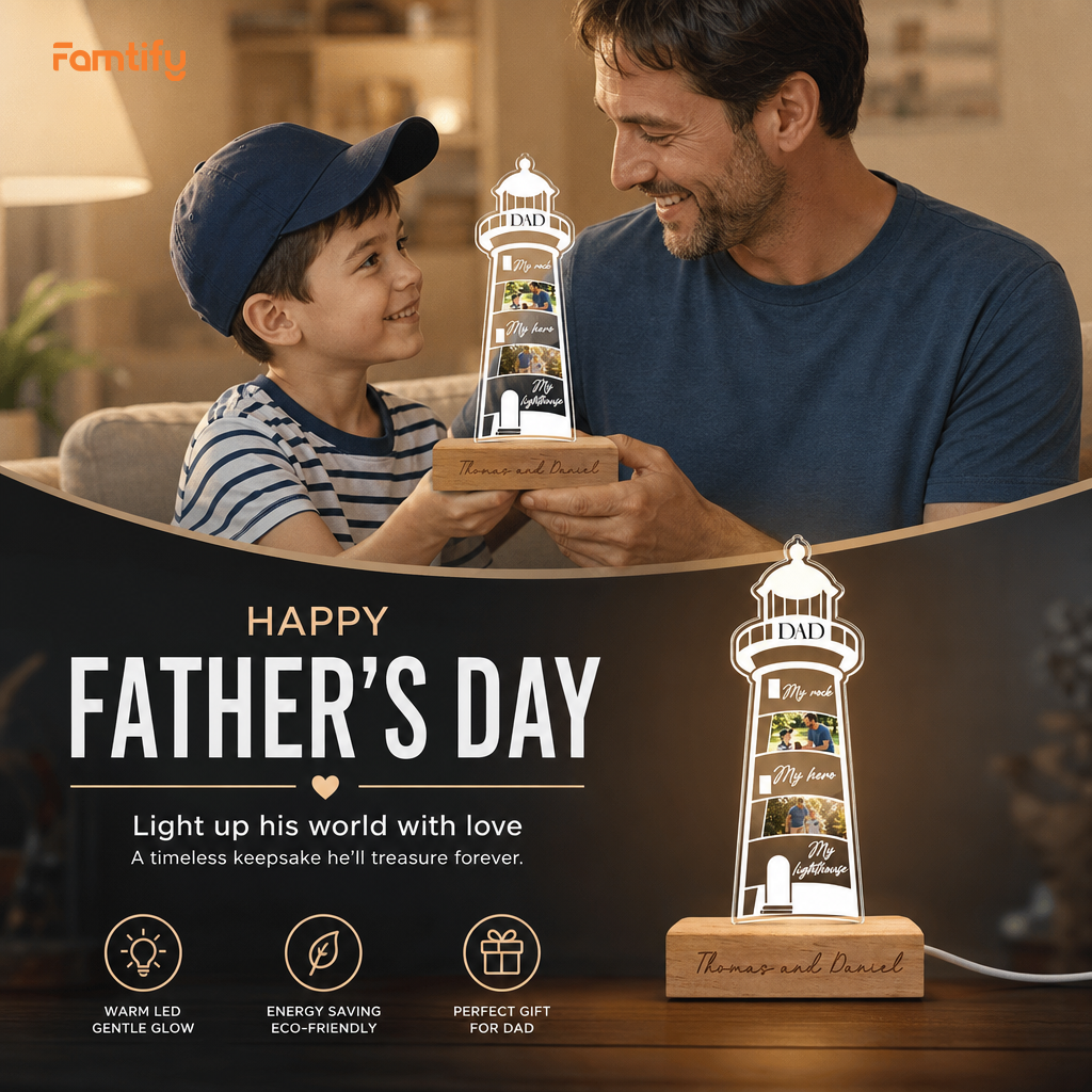 Personalized My Rock My Hero My Lighthouse Night Light – Custom Photo Lighthouse LED Acrylic Lamp