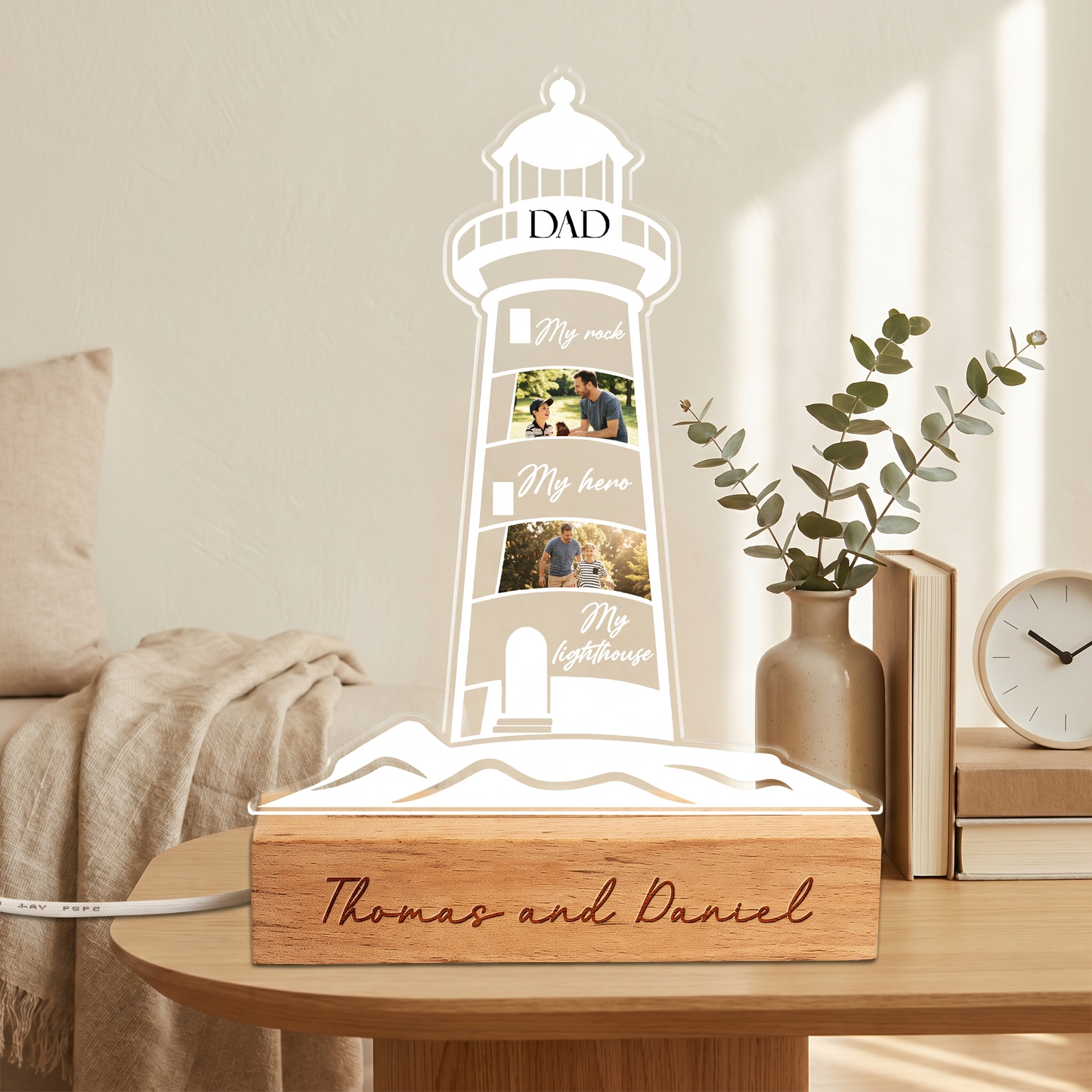 Personalized My Rock My Hero My Lighthouse Night Light – Custom Photo Lighthouse LED Acrylic Lamp