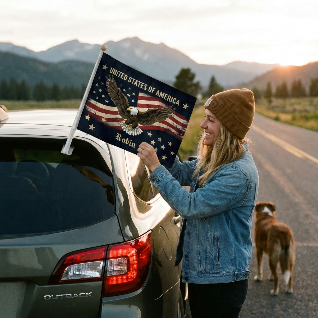 Personalized United States of America Eagle Car Flag – Custom Name Patriotic USA Flag