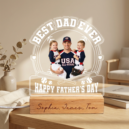 Personalized Best Dad Ever Baseball Night Light – Custom Photo LED Acrylic Lamp Gift for Dad