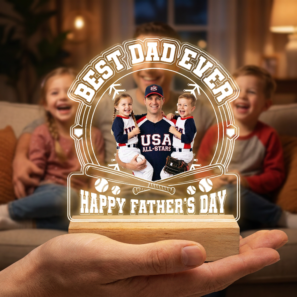 Personalized Best Dad Ever Baseball Night Light – Custom Photo LED Acrylic Lamp Gift for Dad