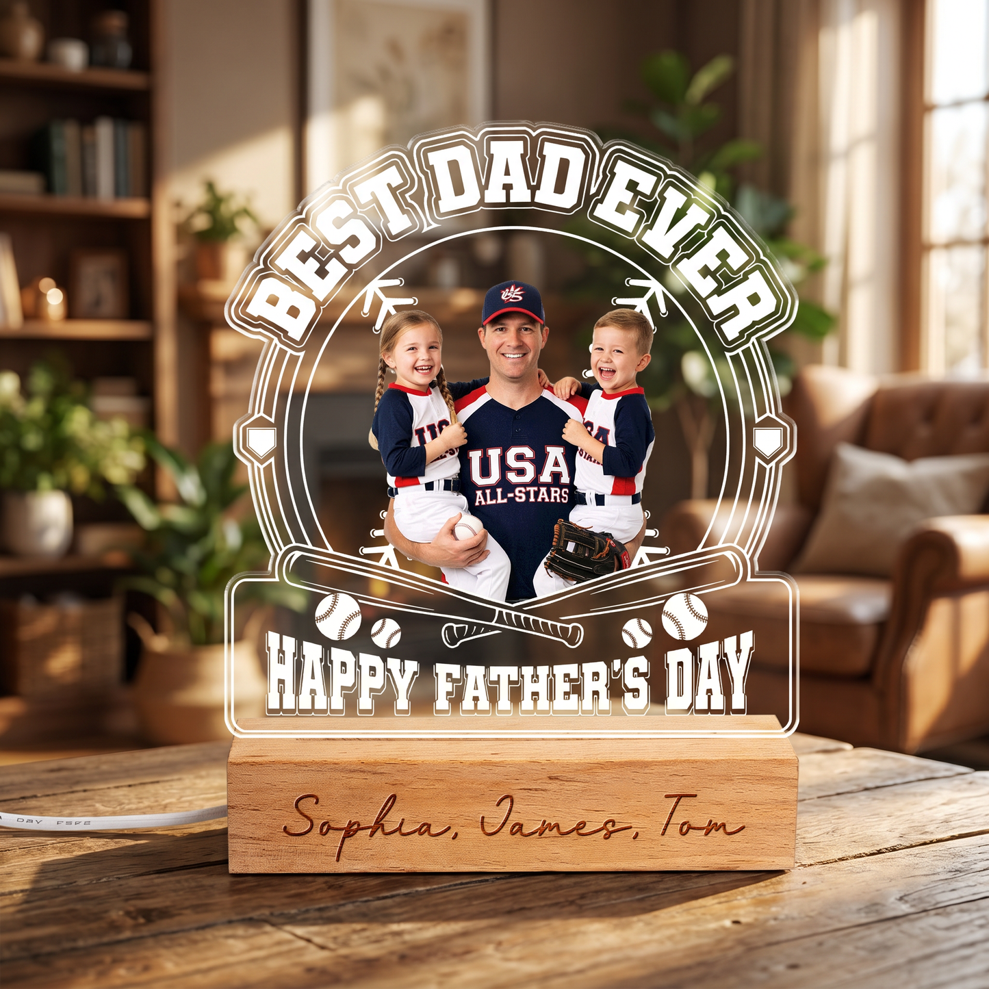 Personalized Best Dad Ever Baseball Night Light – Custom Photo LED Acrylic Lamp Gift for Dad