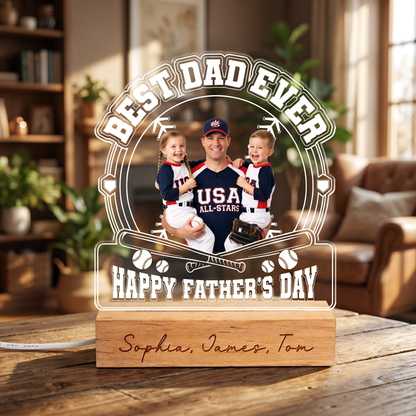 Personalized Best Dad Ever Baseball Night Light – Custom Photo LED Acrylic Lamp Gift for Dad