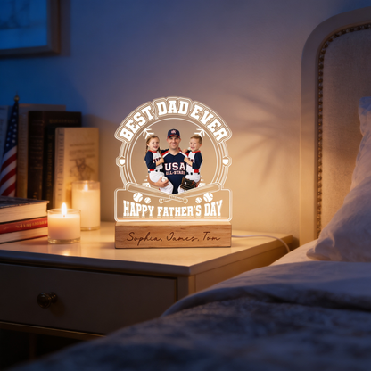 Personalized Best Dad Ever Baseball Night Light – Custom Photo LED Acrylic Lamp Gift for Dad