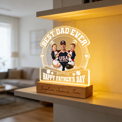 Personalized Best Dad Ever Baseball Night Light – Custom Photo LED Acrylic Lamp Gift for Dad