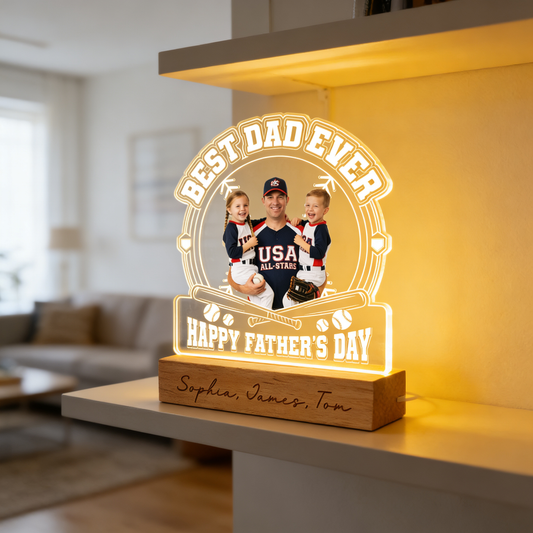 Personalized Best Dad Ever Baseball Night Light - Custom Photo LED Acrylic Lamp Gift for Dad