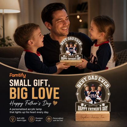 Personalized Best Dad Ever Baseball Night Light – Custom Photo LED Acrylic Lamp Gift for Dad