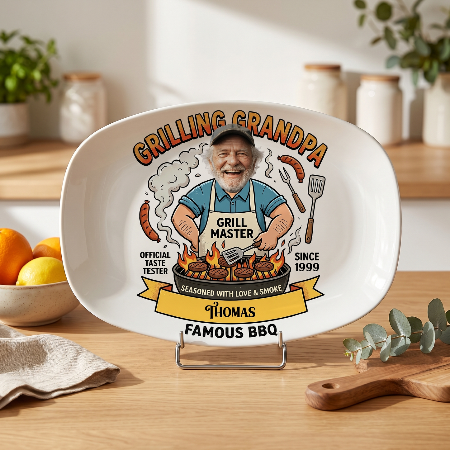 Personalized Grilling Grandpa Famous BBQ Decorative Plate – Custom Name BBQ Keepsake