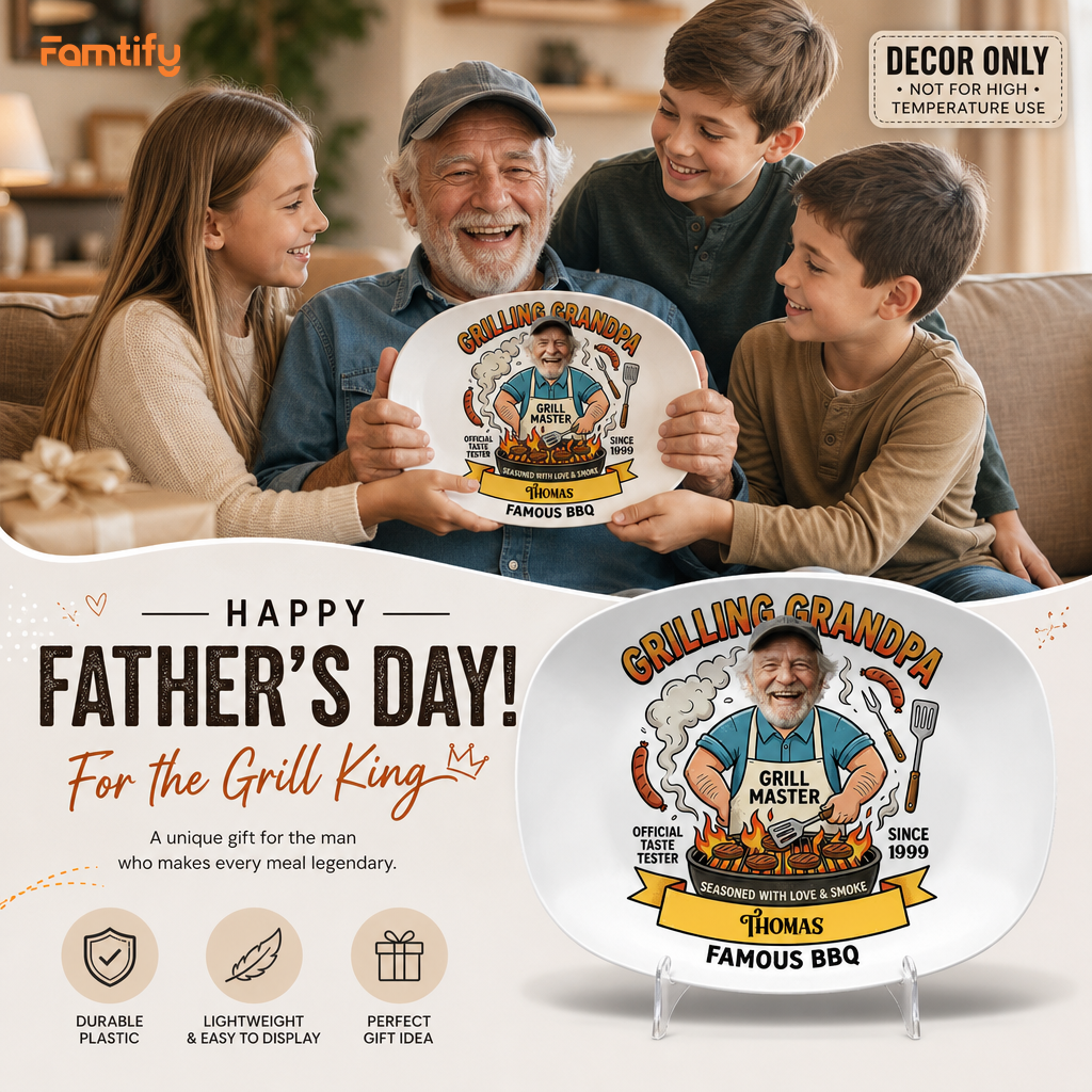 Personalized Grilling Grandpa Famous BBQ Decorative Plate – Custom Name BBQ Keepsake