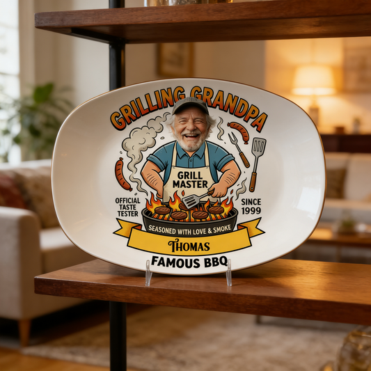 Personalized Grilling Grandpa Famous BBQ Decorative Plate – Custom Name BBQ Keepsake