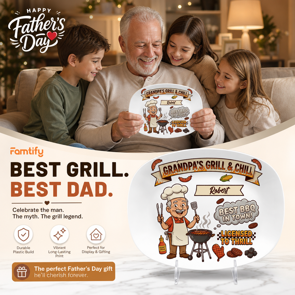 Personalized Grandpa’s Grill & Chill Decorative Plate – Custom Name BBQ Keepsake