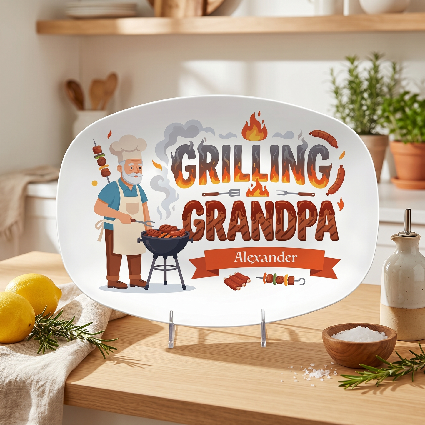 Personalized Grandpa Name Grilling Plate – Custom BBQ Decorative Keepsake for Grandpa